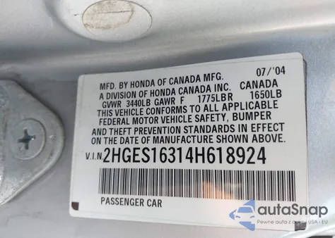 2004 Honda Civic Vp z USA, uszkodzony, nr VIN 2HGES16314H618924